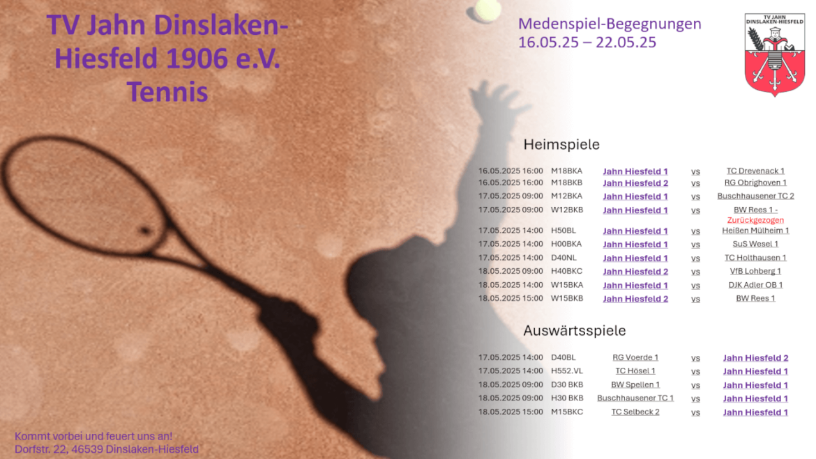 Medenspiele 16.05. – 22.05.2025